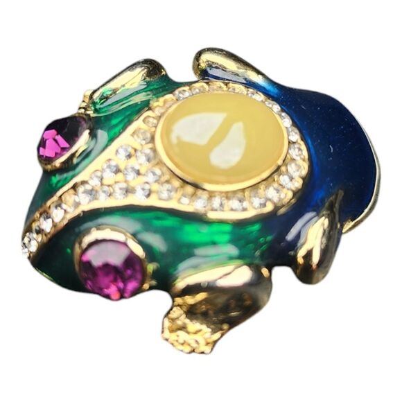 Vintage Jewelry - Vintage Frog Brooch Enamel Faux Pearl Crystals Green Gold Red Beads Frog Pin 🐸